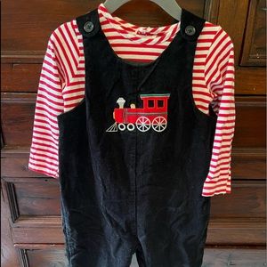 Black corduroy Longall jumper with striped long sleeve shirt. 24mo.
